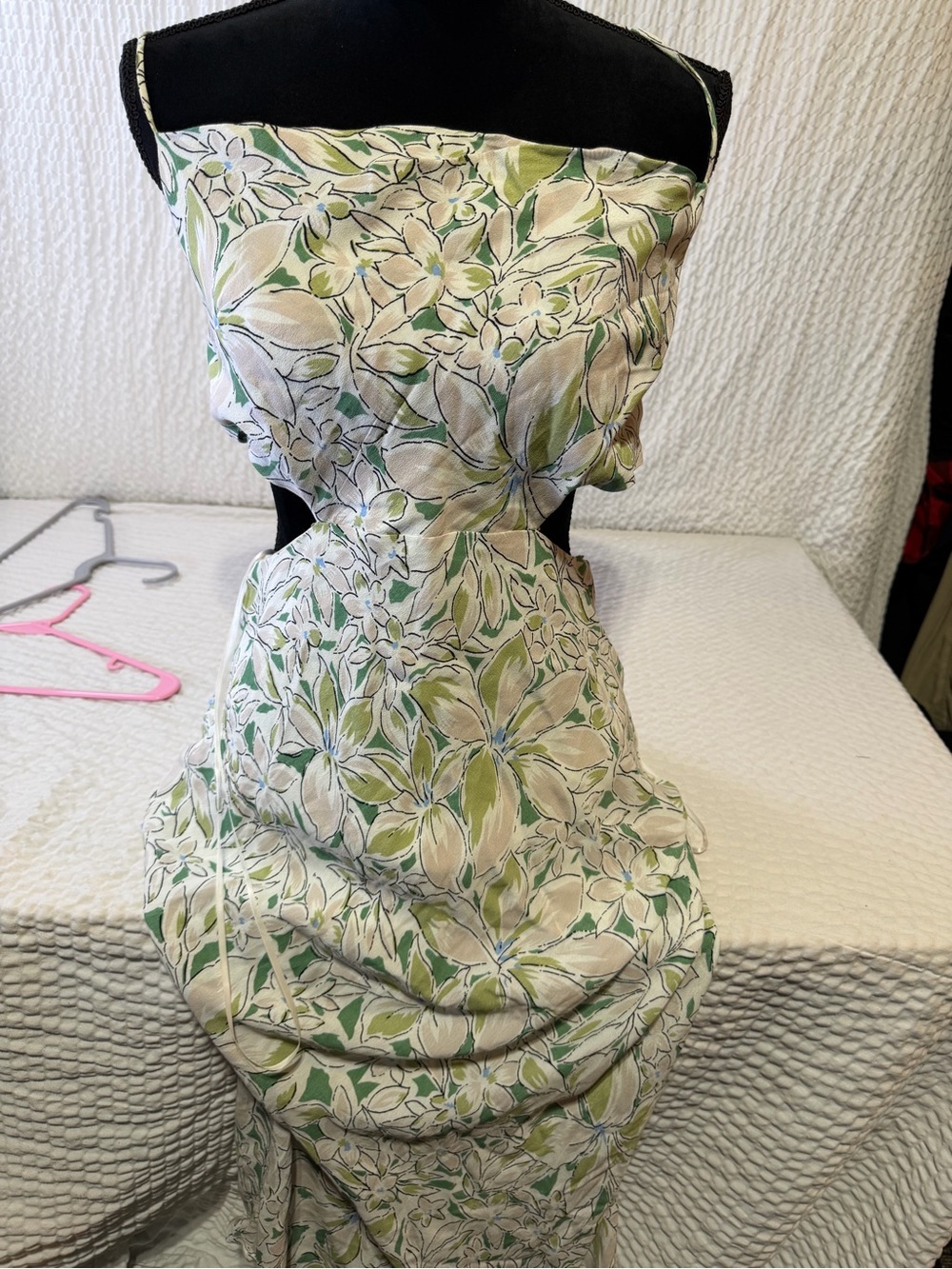 Floral Cutout Strapless Maxi Dress in Green and Cream